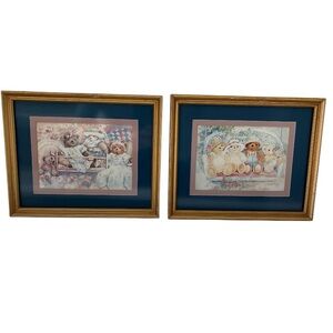 Vintage Pair of Two Dawna Barton Teddy Bear Prints in Gold Frames for Nursery